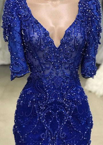 ROYAL BLUE BEADED LACE APPLIQUES 1/2 SLEEVE MERMAID PROM DRESS HZ1023